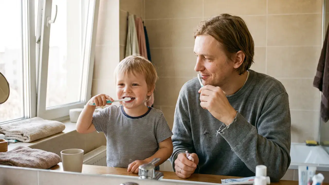 Ребёнок и родитель вместе чистят зубы у раковины