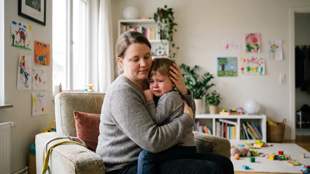 Родитель спокойно сидит рядом с плачущим ребёнком и не спорит с ним