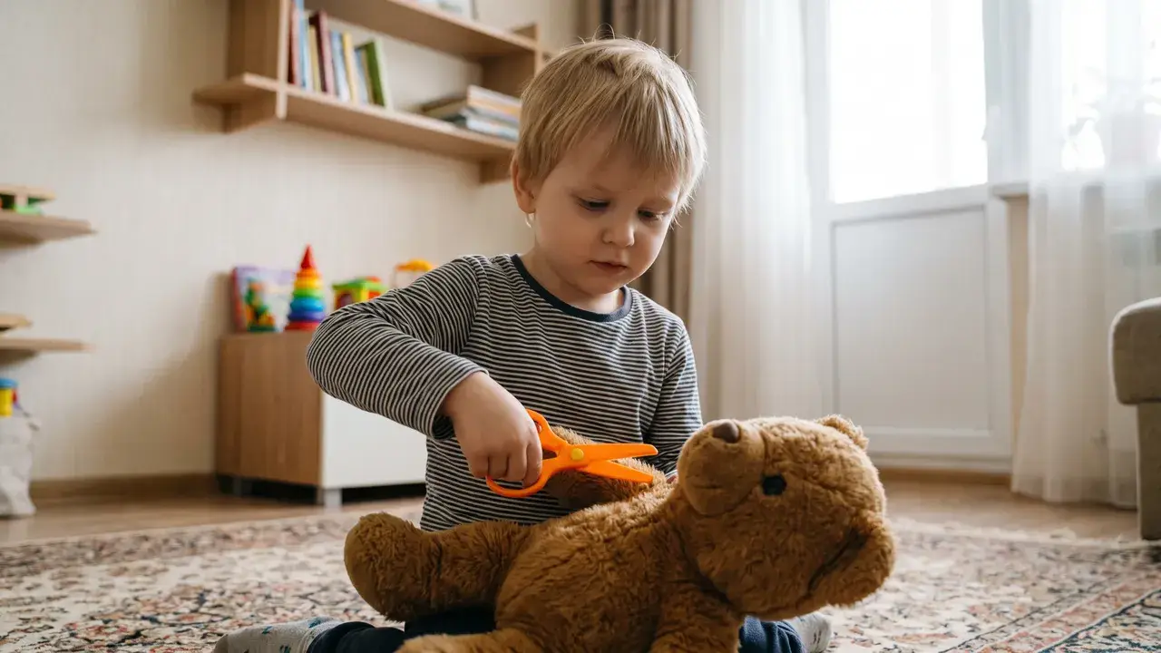 Ребёнок играет в парикмахера: расчёсывает и «стрижёт» игрушечного медведя