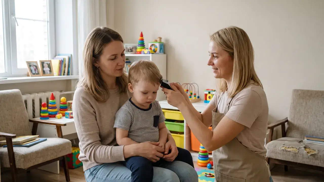 Спокойная стрижка: ребёнок сидит на коленях у родителя