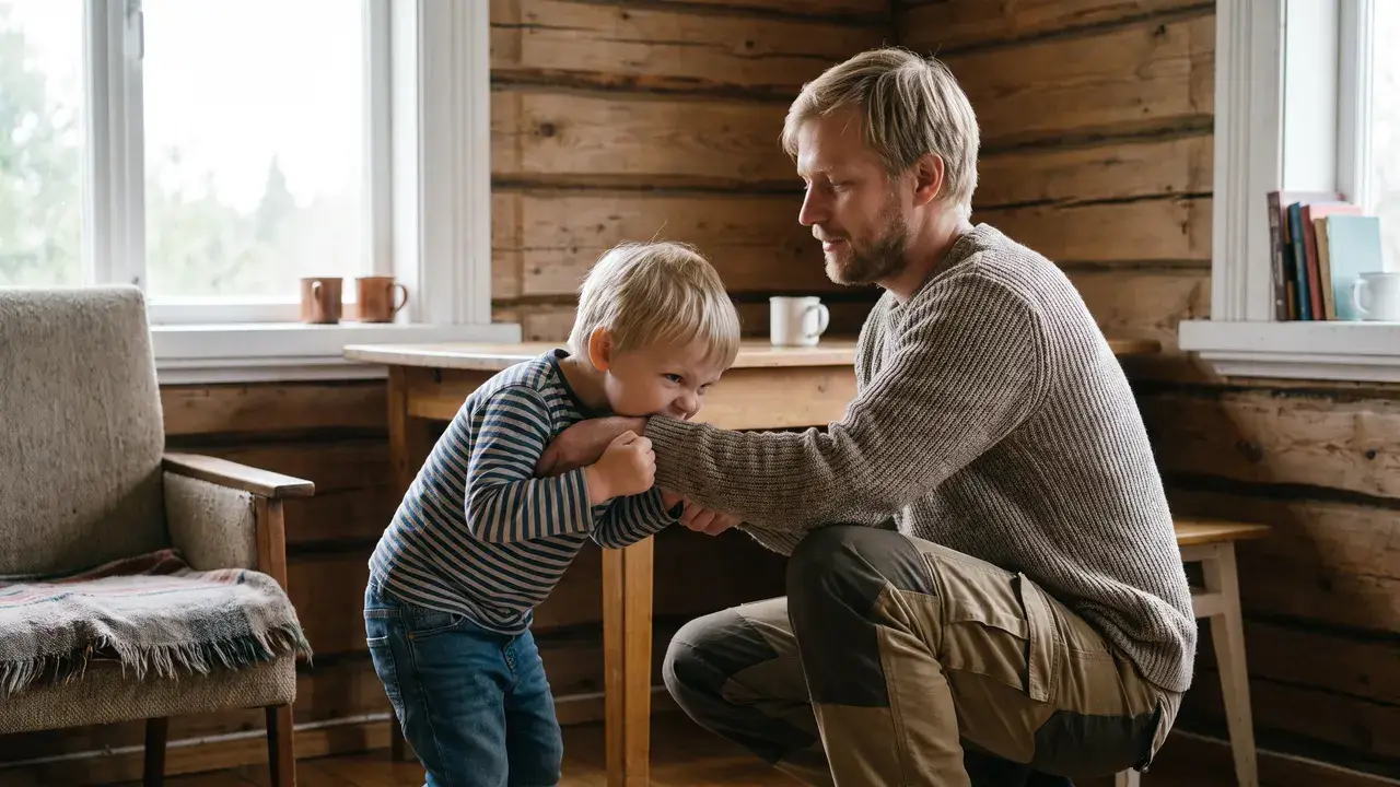 Родитель присел рядом с ребёнком и спокойно удерживает его руку, не повышая голоса