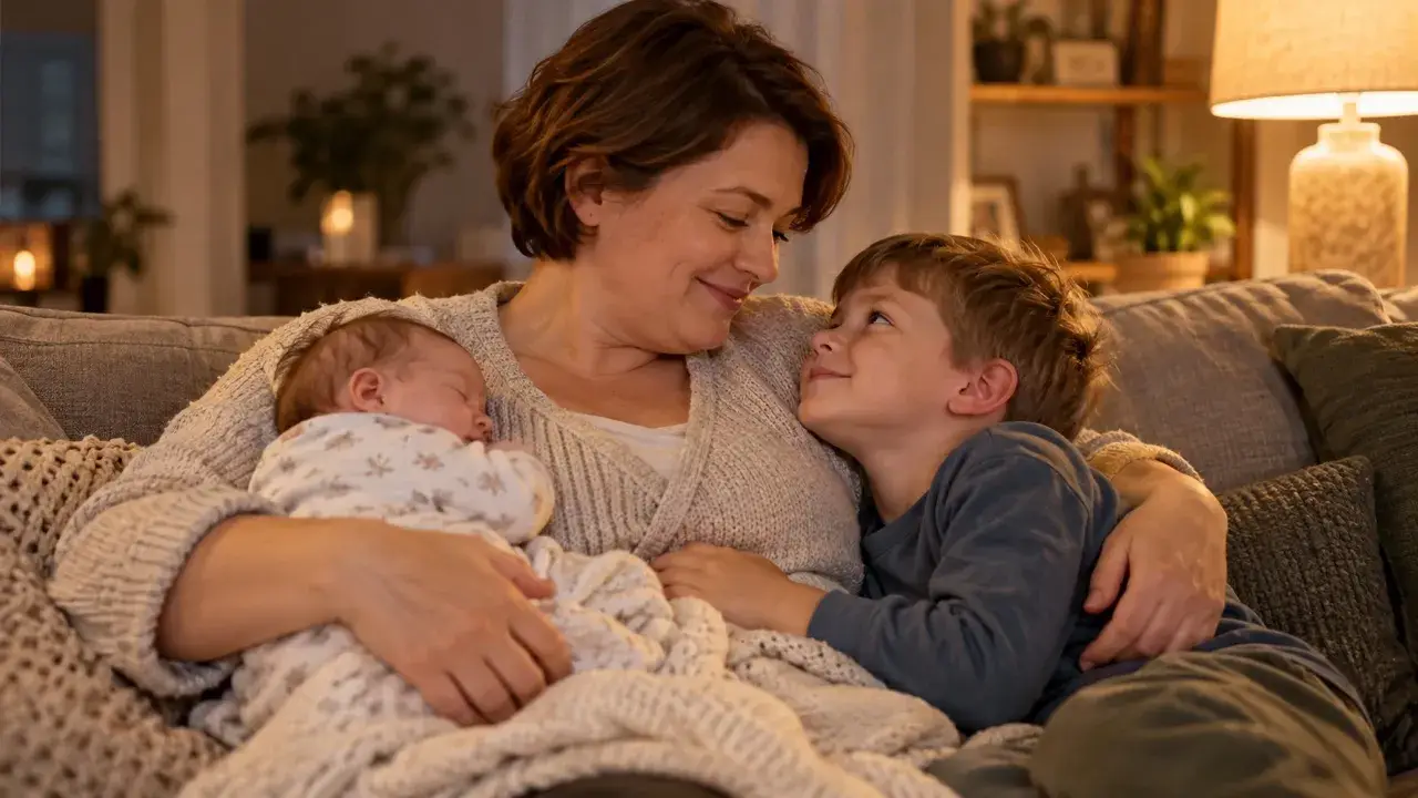 Мама обнимает старшего сына свободной рукой, в другой держит спящего малыша на диване