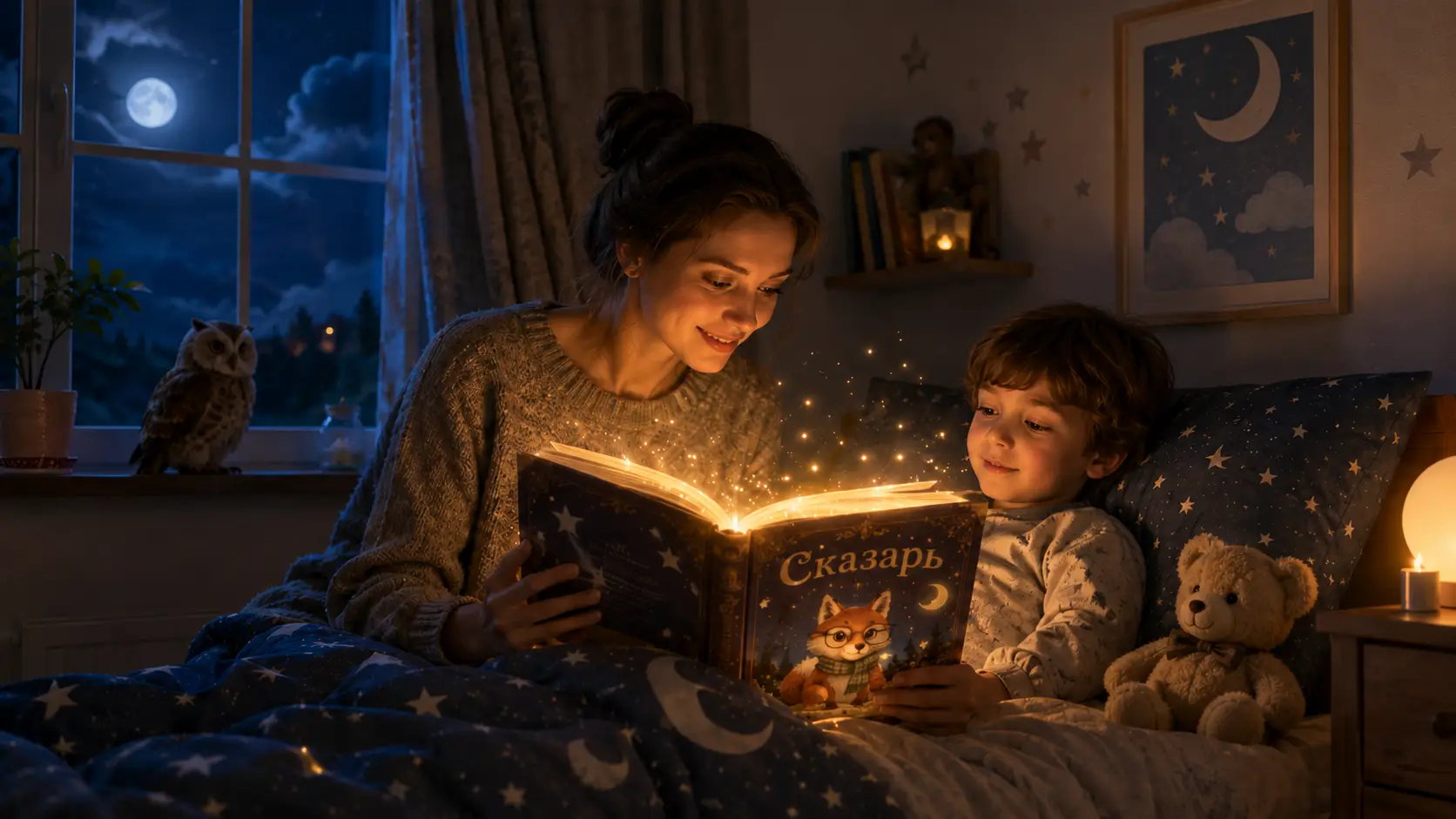 Мама читает ребёнку светящуюся книгу перед сном в комнате у лунного окна