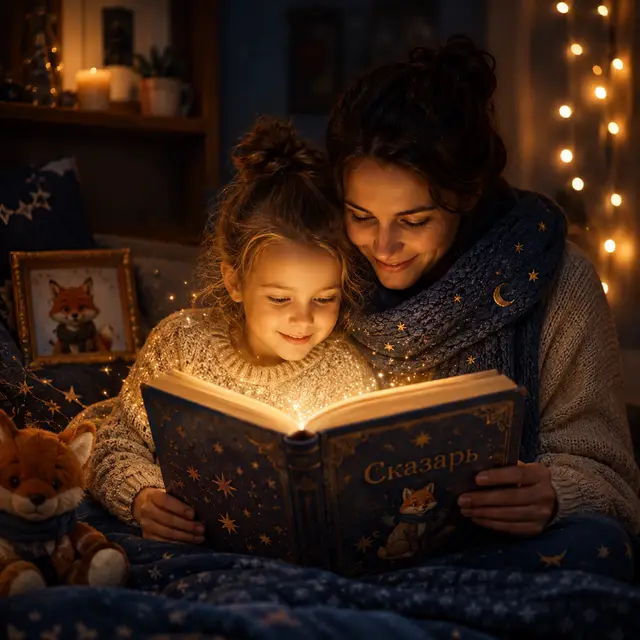 Взрослый и ребёнок вместе читают светящуюся книгу, из страниц поднимаются лёгкие образы — зайчонок, облако, звёздочка