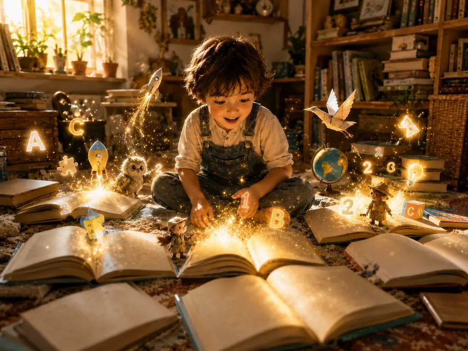 Мальчик среди раскрытых волшебных книг изучает светящиеся буквы, цифры и фигурки сказочных помощников